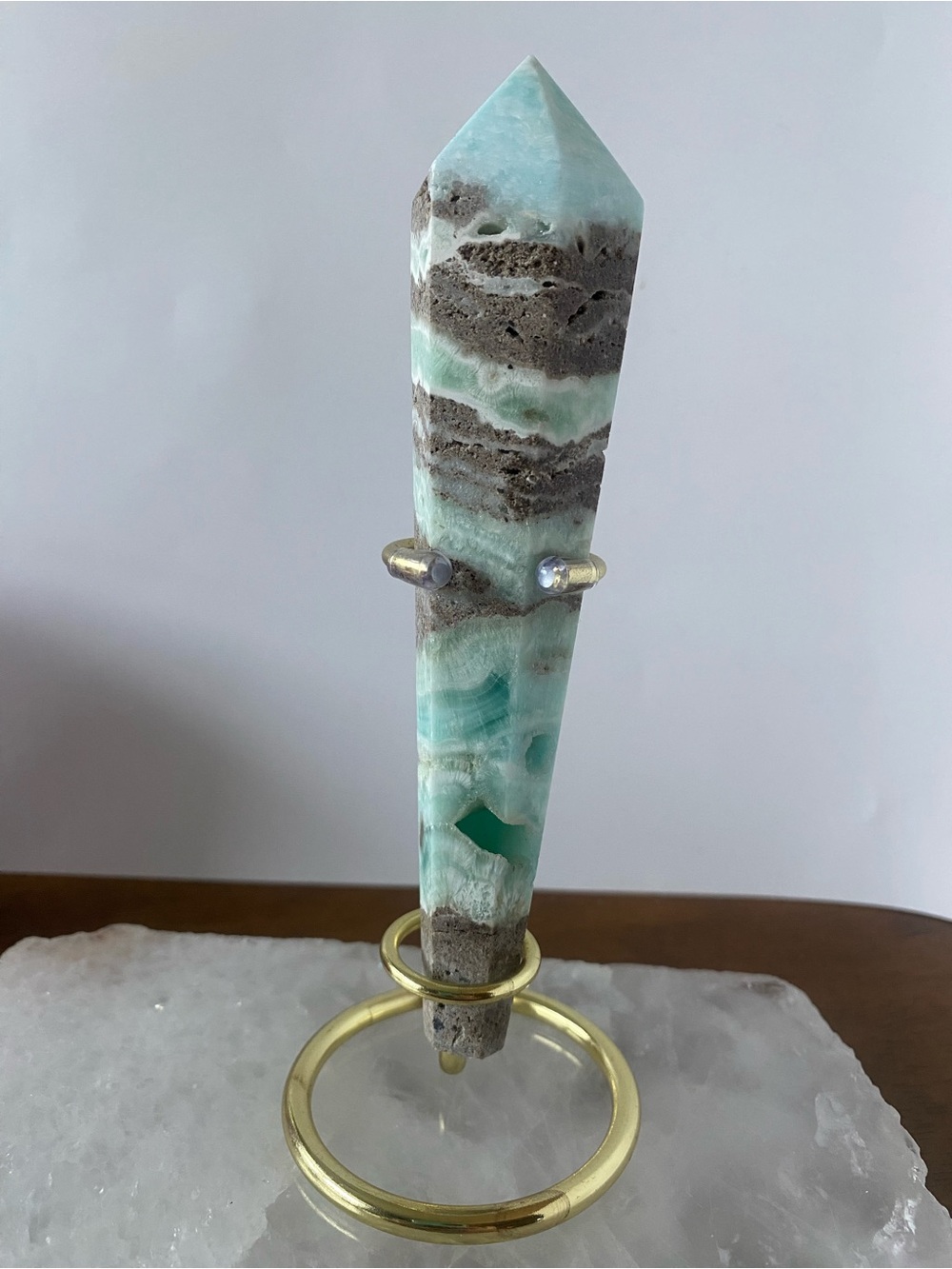 Hemimorphite Crystal Wand with Druzy.  Stand Included